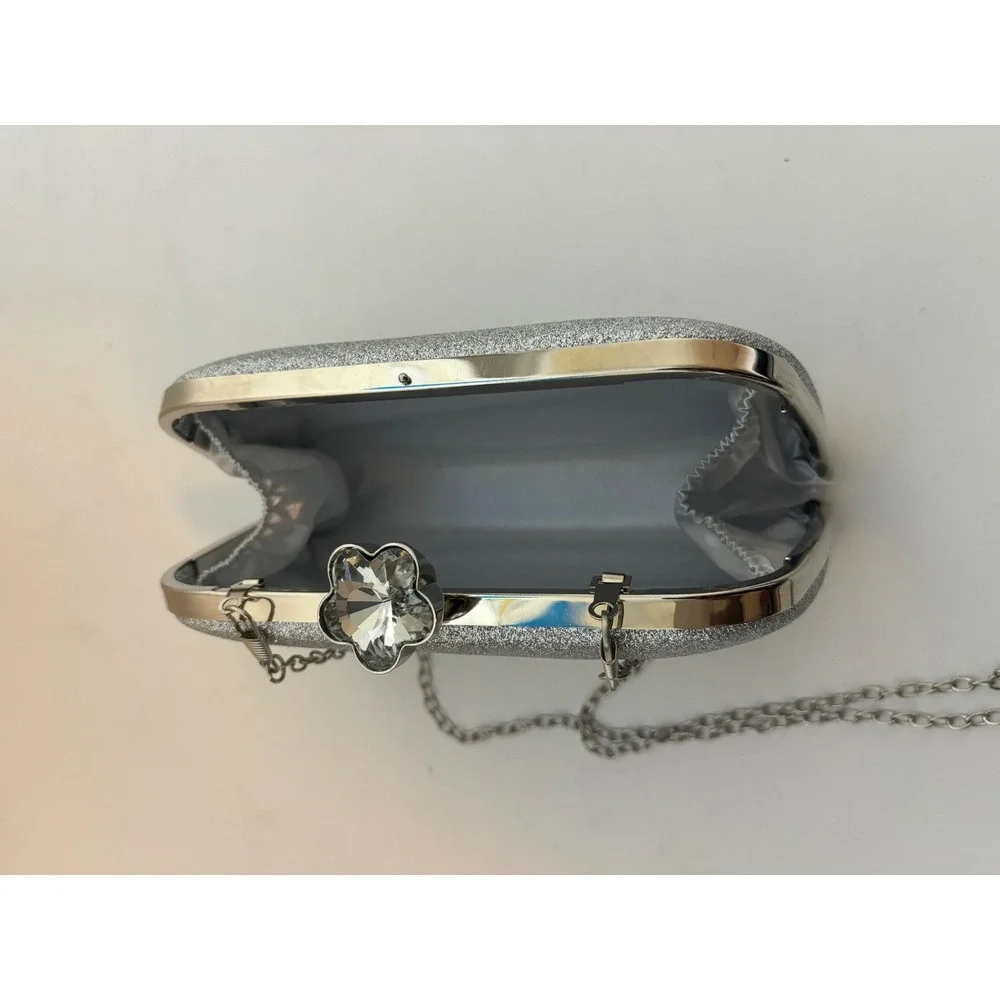 Silver Glitter Evening Clutch Bag Flower Crystal Clasp Chain Strap Formal Purse‎